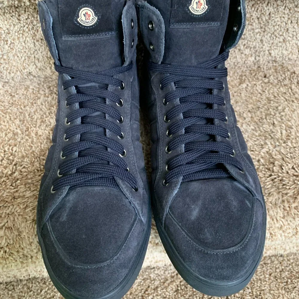 Moncler Men's Suede Blue Round-Toes Lace-Up High Top Sneakers . - Picture 4 of 15